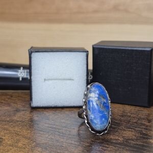 925 Sterling Silver Ring With A Oval Blue Stone (Vintage/Handmade)